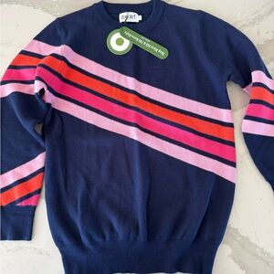 Oxxniti Women's Navy Sweater with Pink and Red Stripes
